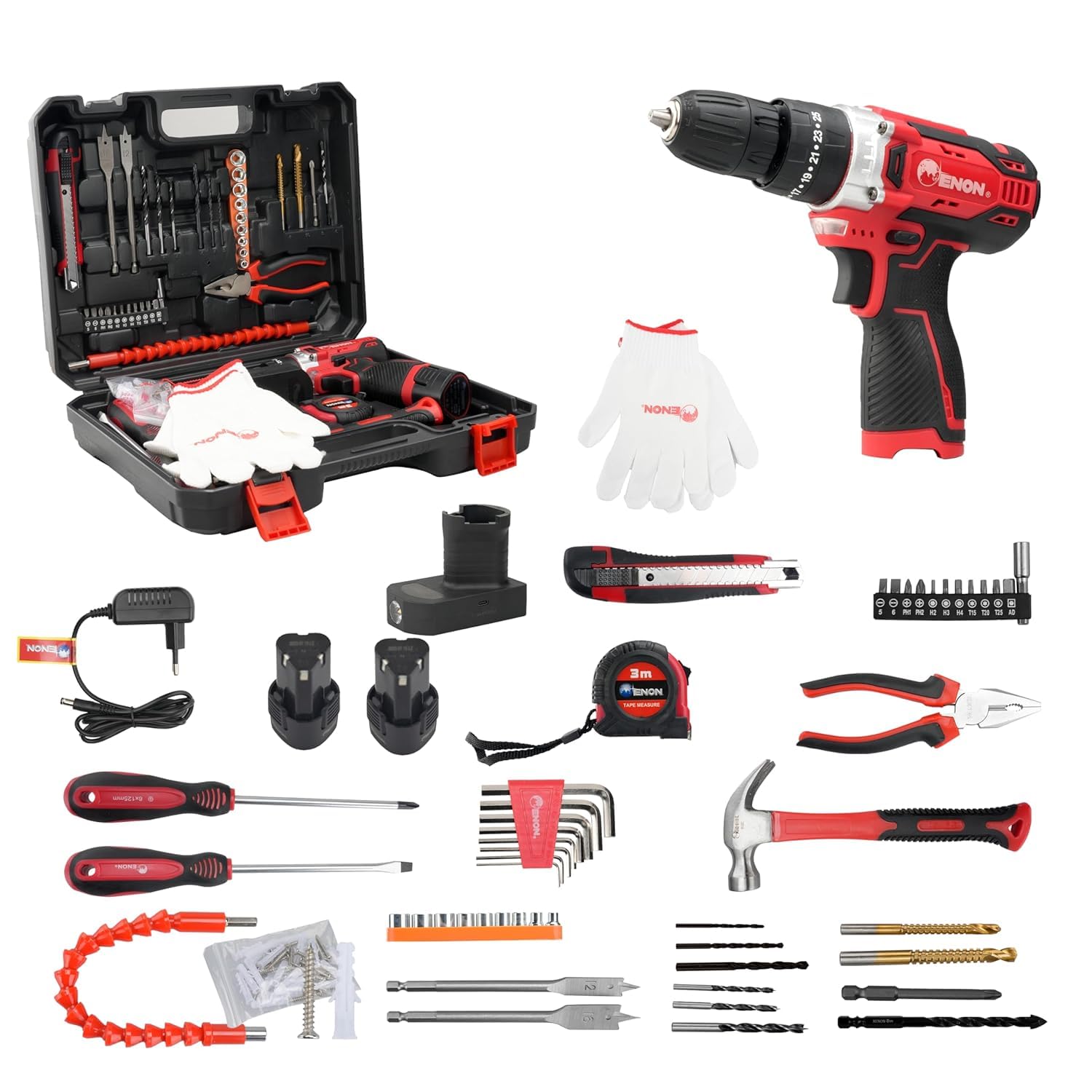 ENON 12V Cordless Drill Machine Kit Set With 86Pcs Powerful 300W Motor,2 Modes Of Speed,420-1500Rpm,Cordless Drilling Machine For Home Use Perfect For Drilling Wood,Metal (Xe-Cd1211),Multicolor ENON 12V Cordless Drill Machine Kit Set With 86Pcs Powerful 300W Motor,2 Modes Of Speed,420-1500Rpm,Cordless Drilling Machine For Home Use Perfect For Drilling Wood,Metal (Xe-Cd1211),Multicolor